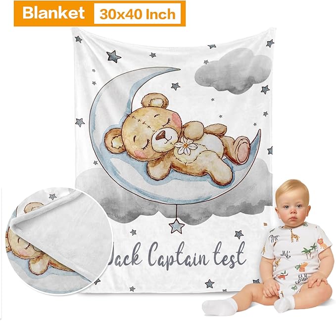 Custom Baby Bedding Set, Personalized Grey Moon Bear Bedding, Baby Blanket Fitted Sheet Changing Cover Nursery Rug Room Decor Gift Idea