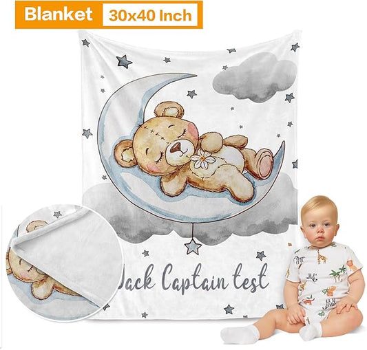 Custom Baby Bedding Set, Personalized Grey Moon Bear Bedding, Baby Blanket Fitted Sheet Changing Cover Nursery Rug Room Decor Gift Idea
