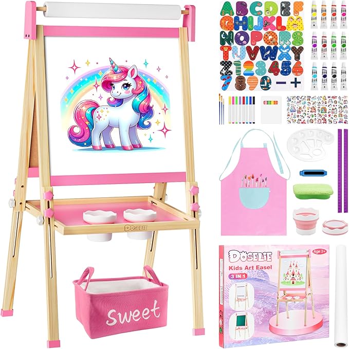 Easel for Kids Toys,Adjustable Wooden Toddler Art Easels, Girls Toys for Ages 5-7,8-13,Magnetic Dry Eraser White Board and Chalk Board with Art Supplies,Kid Easel 4 5 6 7 8 9 10 Year Old Girl Gifts