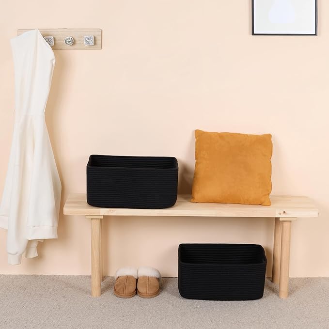MiniArk Large Storage Baskets for Organizing, Closet Shelf Baskets for Clothes Blanket Towels, Baby Nursery, Toy Bins Box, Woven Rope Baskets, 17 x 13 x 7.5”, 4 Packs Black