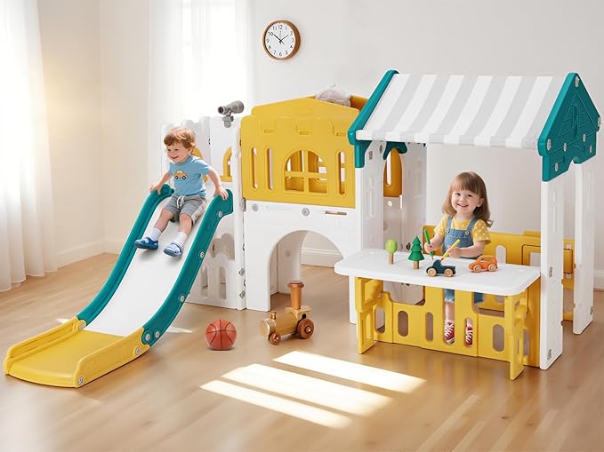 JOYLDIAS 9 in 1 Toddler Slide, Freestanding Kid Climber Slide Playset, Toddler Playhouse with Slide, Basketball Hoop and Climbing Frame, Indoor Outdoor Backyard Playground Toy for Toddlers Age 1-3+