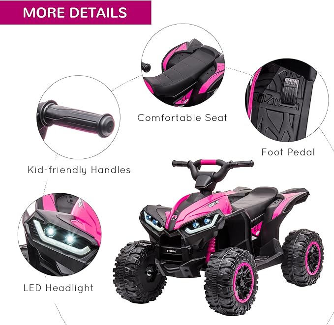 Aosom 12V Kids ATV Quad Car with Forward & Backward Function, Four Wheeler for Kids with Wear-Resistant Wheels, Music, Electric Ride-on ATV for Toddlers Ages 3-5 Years Old, Pink