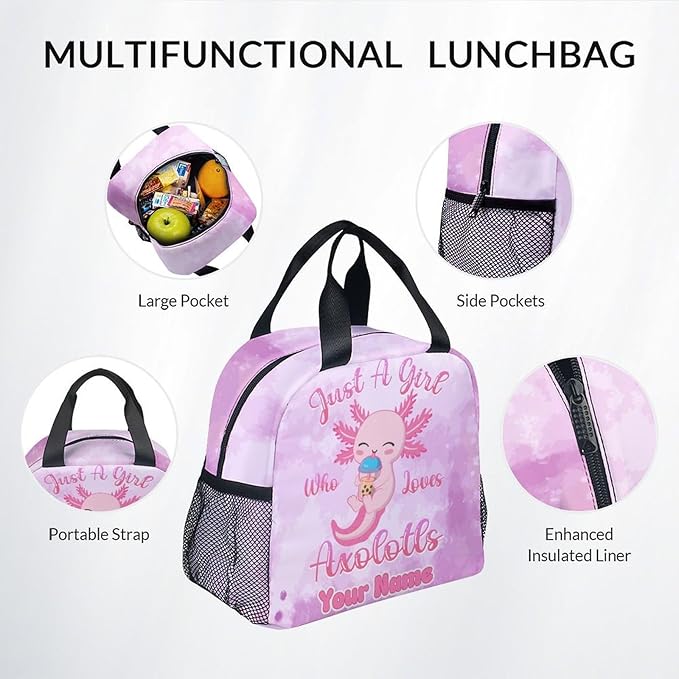 COZYAURA Personalized Kids Backpack with Lunch Box - Cute Axolotl Preppy Backpack for School - Lightweight Pink Backpacks for Girls