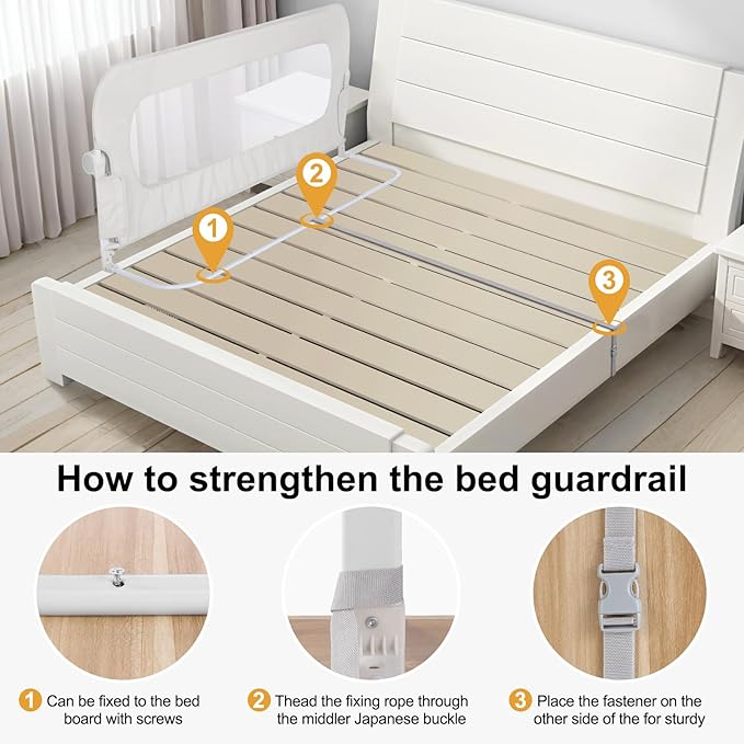 Bed Rail for Toddlers,Swing Down Kids Bed Rails Guard for Twin,Full,Queen,Bunk Size Bed,Extra Tall Child Bed Rail Guard with Reinforced Anchor Safety System(White,32 Inch)