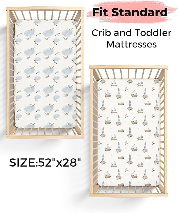 Crib Sheets for Boys and Girls, 2 Pack Fitted Baby Sheets for Standard Toddler Mattress 28" x 52", Soft Breathable Jersey Knit Baby Bedding (Sailing Waves)