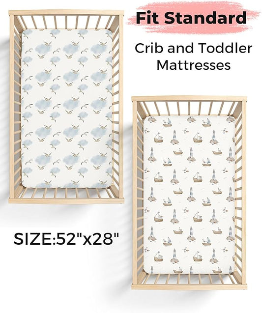 Crib Sheets for Boys and Girls, 2 Pack Fitted Baby Sheets for Standard Toddler Mattress 28" x 52", Soft Breathable Jersey Knit Baby Bedding (Sailing Waves)