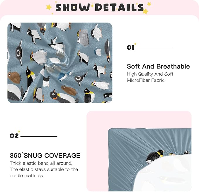 Penguin Birds Cute Crib Sheets Soft Breathable Fitted Baby Crib Sheets Mattress Cover for Girl Boys, 52" x 28" x 9"