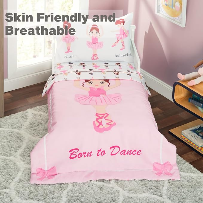 EVERYDAY KIDS 4 Piece Toddler Bedding Set -Born to Dance Ballerina- Includes Comforter, Flat Sheet, Fitted Sheet and Reversible Pillowcase