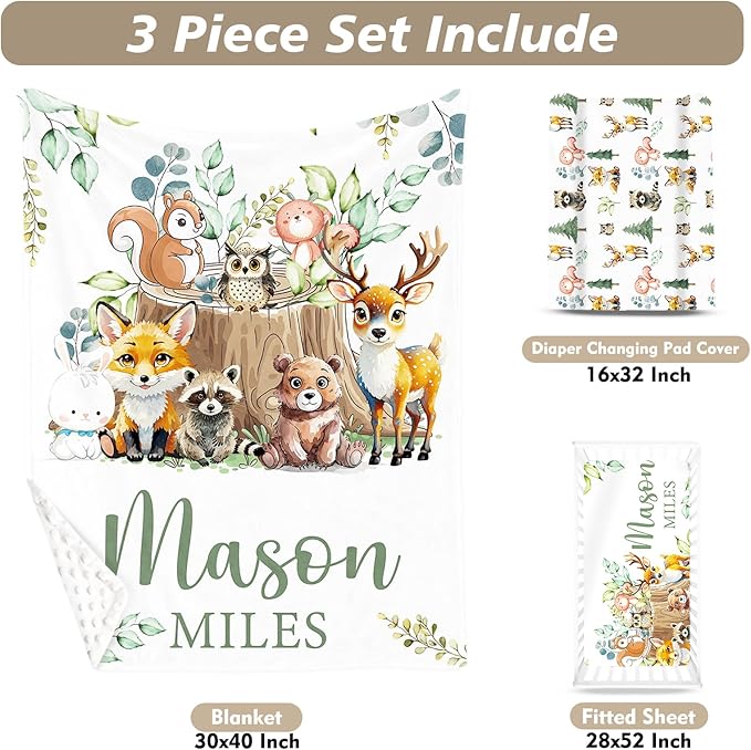 Custom Name Crib Bedding Set 3-Piece – Animal Stump Design Baby Bedding Set with Personalized Soft Blanket, Fitted Sheet, Changing Pad Cover – Ideal Newborn Gift for Boys and Girls