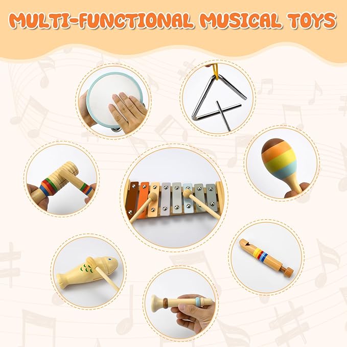 Baby Musical Instruments-Montessori Wooden Toys for Toddlers Age 3 Neutral Colors Percussion Instruments Set with Modern Boho Xylophone for Kids Preschool Educational, Includes Storage Bag