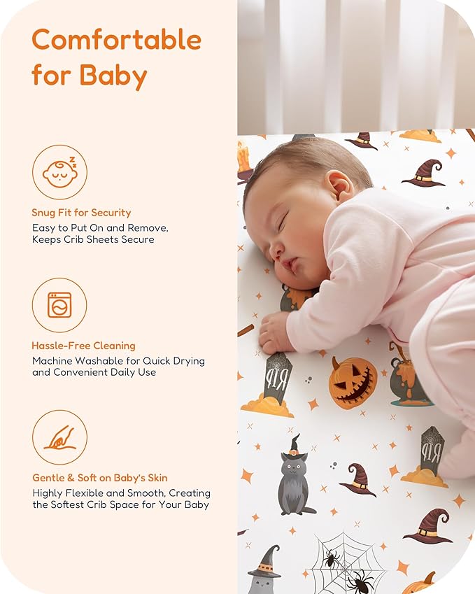 Halloween Baby Crib Sheets, Fitted Crib Sheet for Standard Crib and Toddler Mattress, Pumpkin, Black Cat, Bat, Witchy