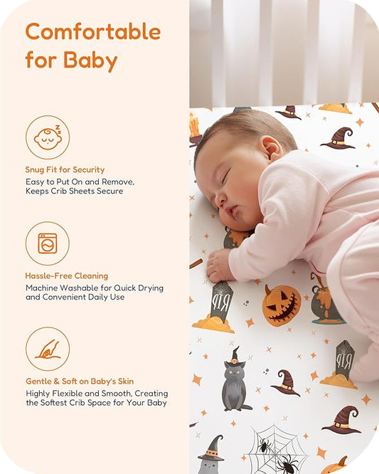 Halloween Baby Crib Sheets, Fitted Crib Sheet for Standard Crib and Toddler Mattress, Pumpkin, Black Cat, Bat, Witchy