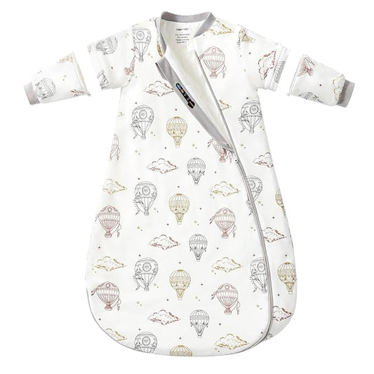 Baby Sleep Sack 12–18 Months, 2.5 TOG Warm Cotton Sleep Sack with Detachable Long Sleeves, Winter Wearable Blanket for Cold Nights, 2-Way Zipper Toddler Sleeping Sack, Hot Air Balloon