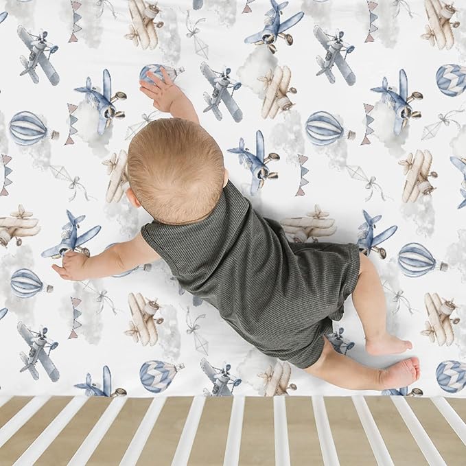 Vintage Planes Airplanes Helicopters Baby Crib Sheets Boy Girl 28"x52" Hot Air Balloon Plane Clouds Sky Soft Stretchy Fitted Crib Mattress Cover Baby Sheet for Standard Crib & Toddler Mattress Pad