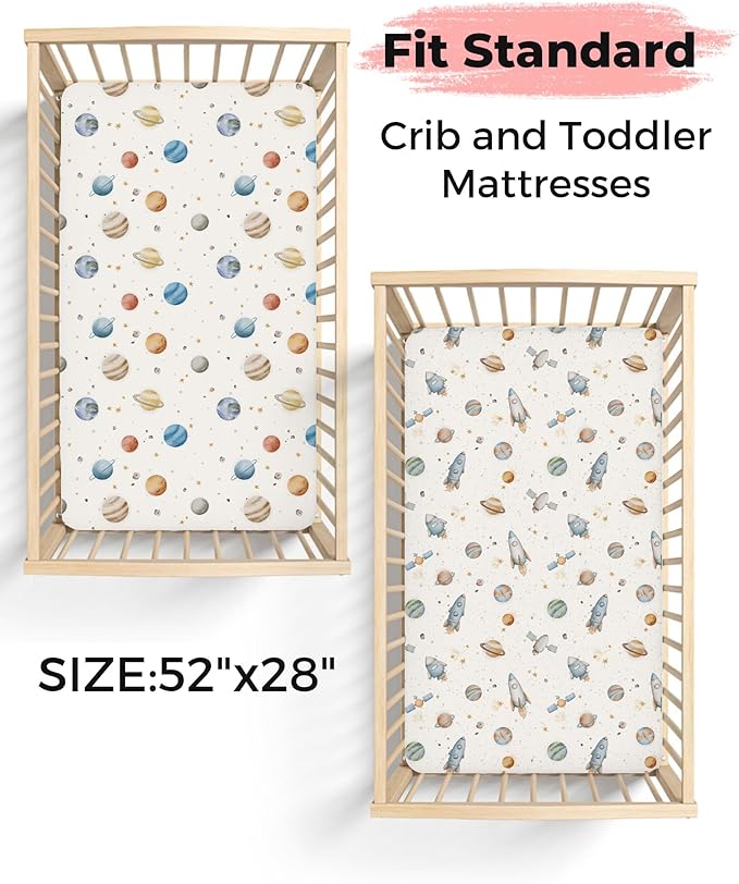 Crib Sheets for Boys and Girls, 2 Pack Fitted Baby Sheets for Standard Toddler Mattress 28" x 52", Soft Breathable Jersey Knit Baby Bedding (Stellar Adventure)
