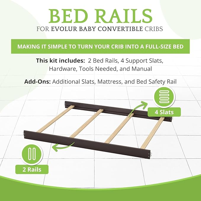 Full-Size Conversion Kit Bed Rails for Evolur Cribs - Solid Wood Crib Convertible Kit to Kids Bed - Transitional Style Rails & Easy-to-Install Child Essentials for Safety (Espresso)