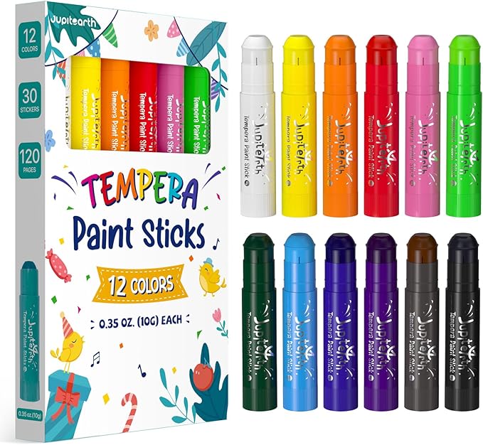 JUPITEARTH 12 Colors Tempera Paint Sticks with 120 PDF Coloring Pages and 30 Stickers, Quick Drying, Smooth, Non-Toxic and Washable Paint Sticks for Kids Drawing on Pumpkin, Wood, Rock, Glass