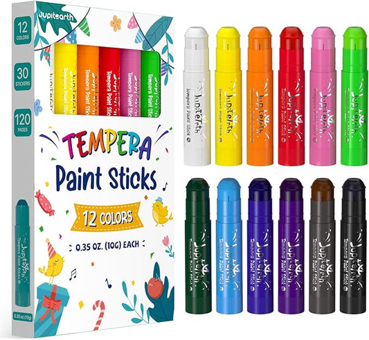 JUPITEARTH 12 Colors Tempera Paint Sticks with 120 PDF Coloring Pages and 30 Stickers, Quick Drying, Smooth, Non-Toxic and Washable Paint Sticks for Kids Drawing on Pumpkin, Wood, Rock, Glass