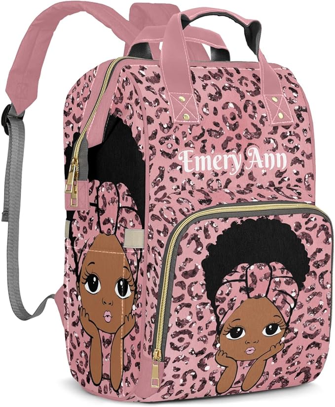 Personalized Pink leopard Print Glitter Girl Custom with Name Diaper Bag Backpack For Baby Boy Girl Dad Mom Unisex for Adult Daypack Holiday Gift