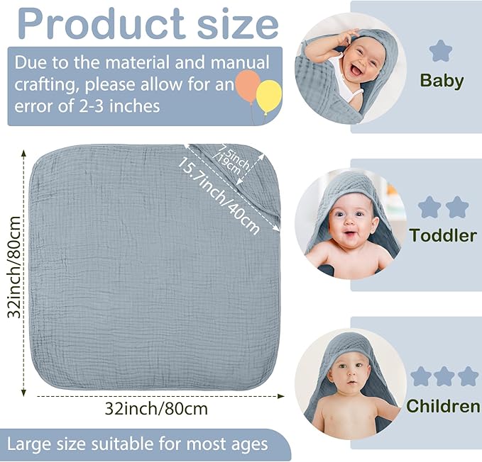 Peryiter 4 Pcs Muslin Hooded Baby Towels, 32x 32'' Cotton Newborn Bath Towel Muslin Infant Baby Blankets Absorbent Unisex Christmas Registry Gift Essentials for Girls Boys (Green,Gray,Rust,Blue)