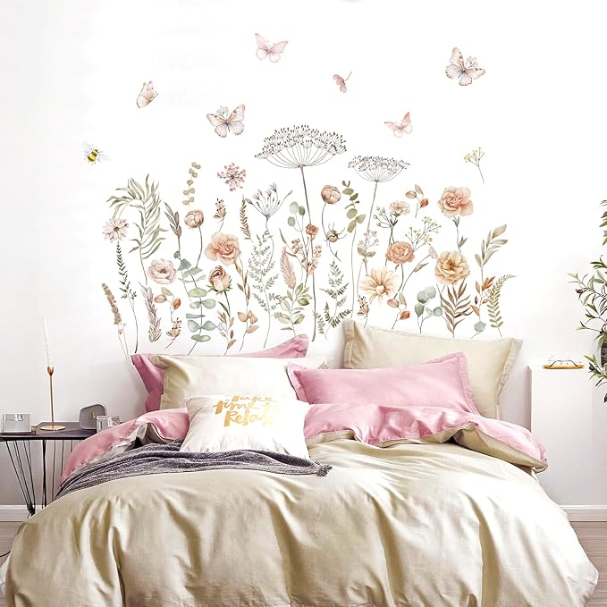 fufuquare Watercolor Boho Wildflower Wall Decals Dandelion Flower Grass Butterfly Wall Stickers Vintage Art Baby Nursery Girls Bedroom Kids Living Room Home Decor