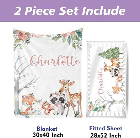 Animal Family Theme Personalized Crib Bedding Set - 2 Piece Custom Name Crib Set with Blanket and Crib Sheet for Infant, Crib Set for Newborns Infant, Comfort and Cozy