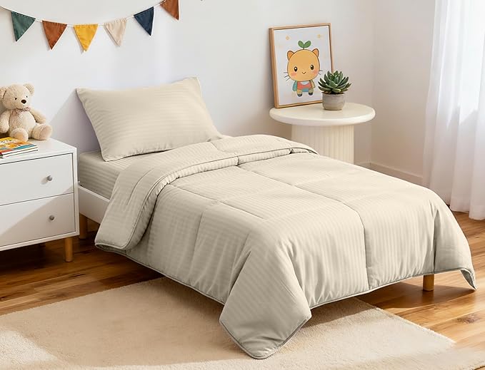 ZPECC Toddler Bedding Set - 4 Piece Hypoallergenic Baby Crib Bedding Set for Boys and Girls, Includes Toddler Comforter, Flat Sheet, Fitted Sheet and Pillowcase, Cream Stripe
