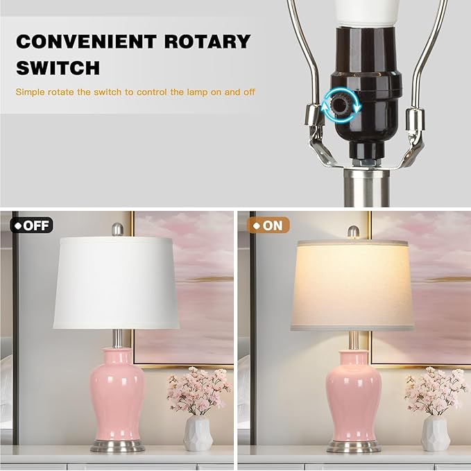 LUXEFLOW 23" Pink Ceramic Table Lamps for Living Room, Modern Ceramic Lamps with Ginger Jar Design, Cute Bedside Lamp Set of 2, Elegant Bedroom Lamp for Nightstand Dining Room Side End Table Homedecor
