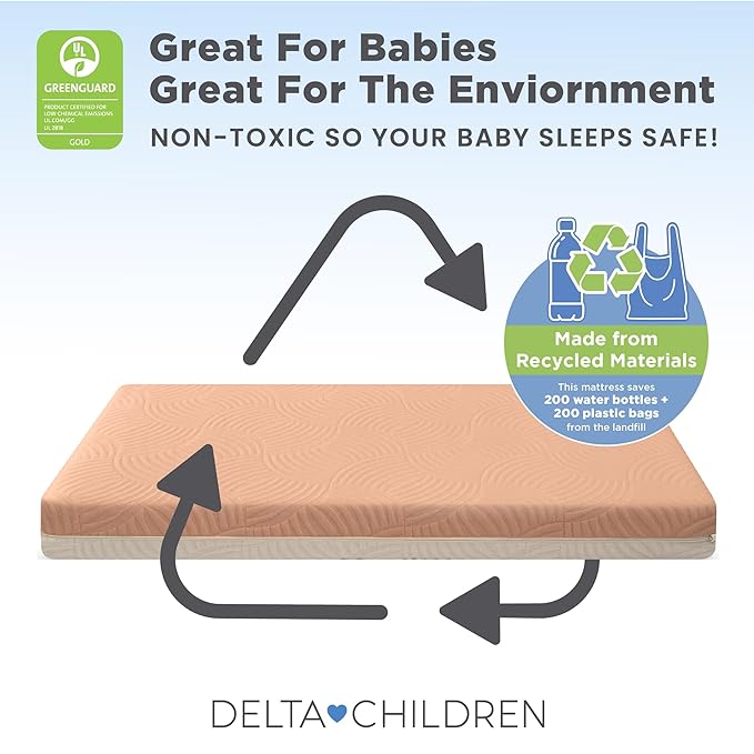 Delta Children Summer Breeze Mattress - Breathable Baby Crib & Toddler Mattress with Cloud Core - Machine Washable Cover - GREENGUARD Gold – Waterproof - Sustainably Sourced Core, Apricot/White