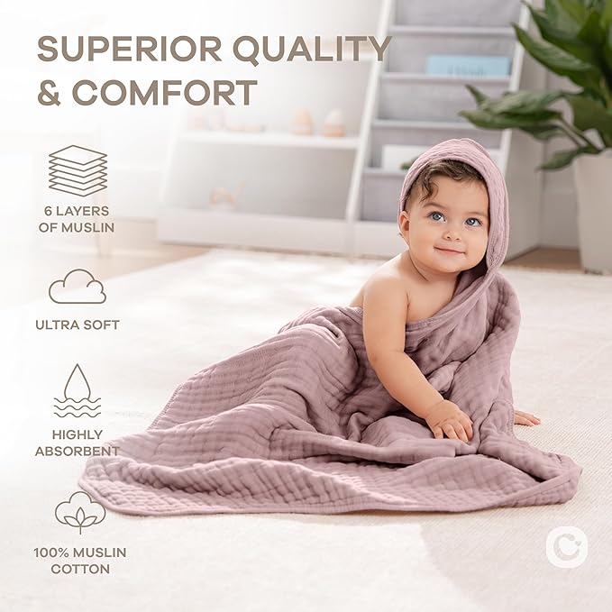 Comfy Cubs Hooded Baby Towel 2-Pack, Large 32 x 32 Inch - 6 Layer 100% Muslin Cotton for Babies, Toddlers and Kids - Soft & Absorbent Baby Bath Towels - Unisex Design for Bath Time - Mauve