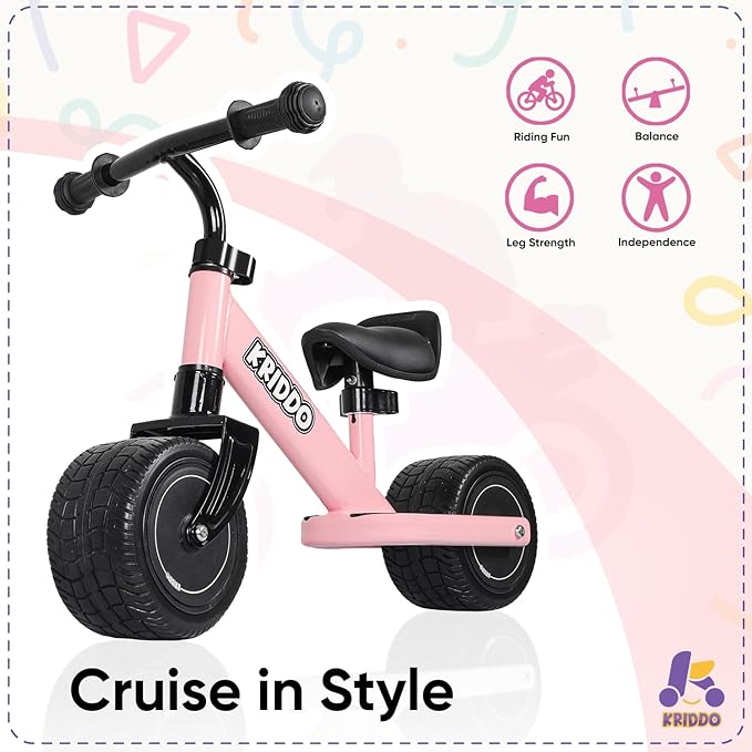 KRIDDO Baby Balance Bike Mini Cruiser Design with Wide PU Wheels for 1-3 Year Olds Ideal First Birthday Gift and Baby Toy, Pink