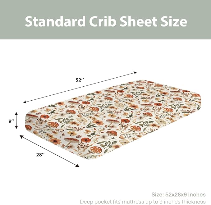 Boho Mushroom Floral Leaves Baby Crib Sheets for Boy Girl 28"x52" Vintage Mushrooms Soft Stretchy Fitted Crib Mattress Cover Retro Mushroom Nursery Baby Sheet for Standard Crib and Toddler Mattress