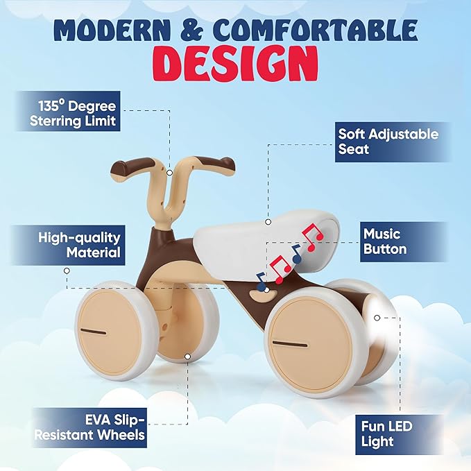 Henry & Colin Baby Balance Bike for Kids - No Pedal 4-Wheel First Bike, Toddler Walker for Boys & Girls, with Stylish Handle, Sturdy & Safe Design for 1-3 Year Olds