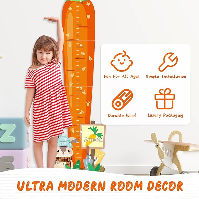 Woodemon Personalized Child Growth Charts,Rabbits and Carrots Wooden Kids Height Wall Chart, Height Measurement for Wall Kids Room Nursery Decor