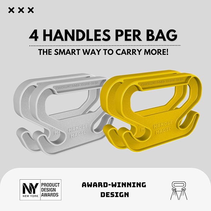Handle Magic (4 Units) Bag Carriers | Ergonomic Grip and Bag Holder | Pocket Size | Lightweight & Comfortable for Shopping & Travel - Made in USA (White Yellow)
