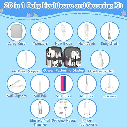Baby Grooming Kit for Boys Girls Safety Newborn Nursery Essentials Grooming Set Gift for First-time Parents, Grey White 25 in 1