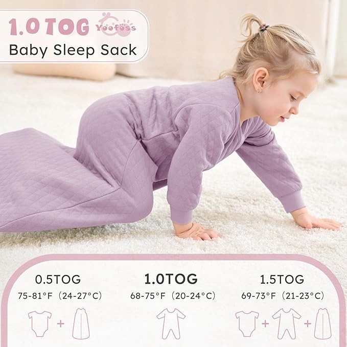 Yoofoss Baby Sleep Sack 0-6 Months 1.0 Tog Long Sleeve Sleep Sack Organic Cotton Wearable Blanket for Newborns 2-Way Zipper Quilted Sleeping Sacks(Small)