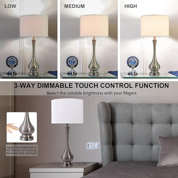 30" Large Modern Table Lamps Set of 2 for Living Room Bedroom with USB Charging Port,3-Way Dimmable Brushed Steel Nightstand Lamp Sets Bedside Touch Desk Lamp with White Fabric Shade (Bulb Included)