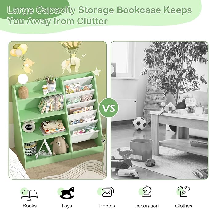 HedoAjim Kids Bookshelf Toddler Bookcase Children Book Rack Baby Toy Storage Organizer Child Book Display Shelf 4-Tier 5 Layer Sling Cabinet Chest Playroom Bedroom Classroom Library Green