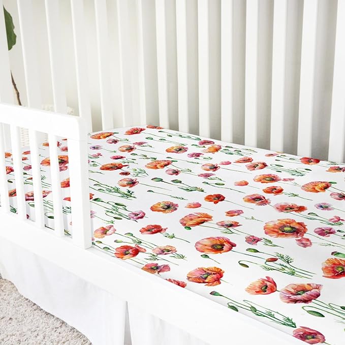 Watercolor Poppy Floral Baby Crib Sheets 52''x28'' Red Poppy Flowers Snug Fitted Crib Mattress Cover for Boy Girl Wild Floral Soft Baby Nursery Bed Sheets for Standard Crib and Toddler Mattresses