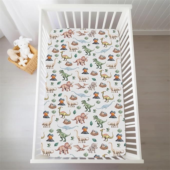Watercolor Dinosaurs Baby Crib Sheets for Boy Girl Dino Eggs Leaves Volcano Adventure Soft Snug Fitted Crib Mattress Covers Fit 52''x28'' Standard Crib & Toddler Mattress Jungle Animal Bed Sheets