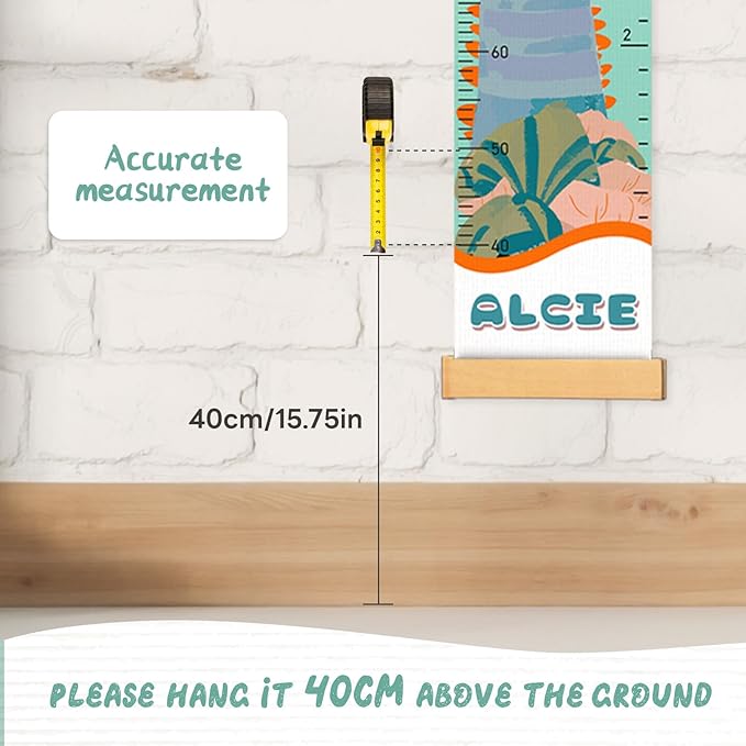 Woodemon Personalized Name Growth Chart for Kids, Cute Dinosaur Baby Height Chart, Canvas Height Measuring Rulers for Boys Girls, Nursery Decor Baby Boy Girl Growth Ruler Measuring Board