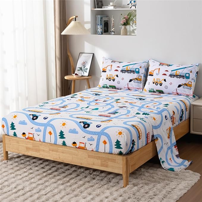 NTBED 5 Pieces Construction Truck Full Comforter Set for Boys Kids Building Vehicles Excavator Lightweight Microfiber Bedding Sets