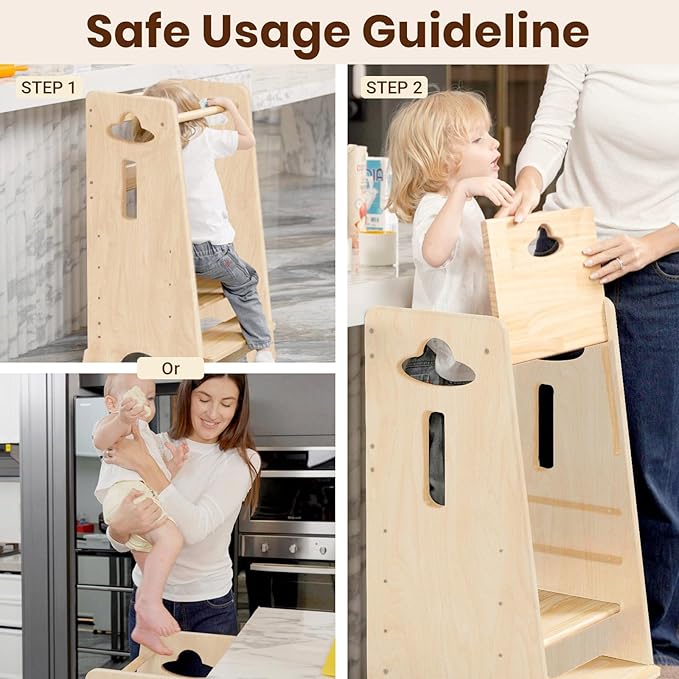 COSYLAND Toddler Standing Tower Adjustable Height - Super Stable Kids Kitchen Stool Helper with Protive Panel - 3 Levels Adjustable Wooden Toddler Kitchen Stool (All Natural)