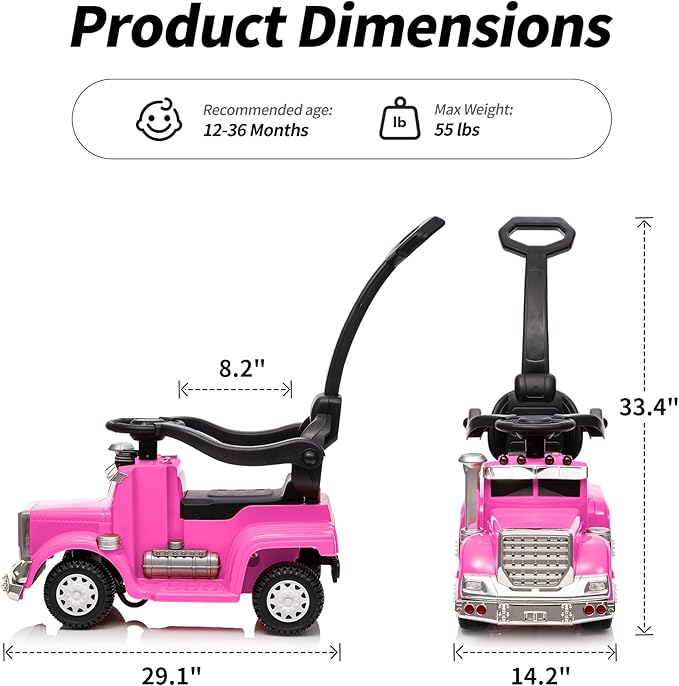 3-in-1 Ride on Push Car for Toddler with Handle, Toddler Ride on Toy for Boys, Stroller Sliding Walking Car w/Music, Horn and Lights - Hot Pink
