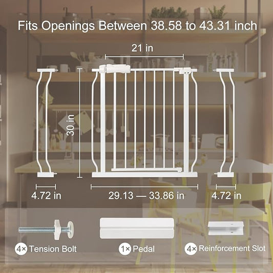 Baby Gate for Stairs No Drill 38.58-43.31 Inch, Pressure Mounted Metal Child Safety Dog Gates for Doorways, Walk Through Pet Indoor Auto Close, White