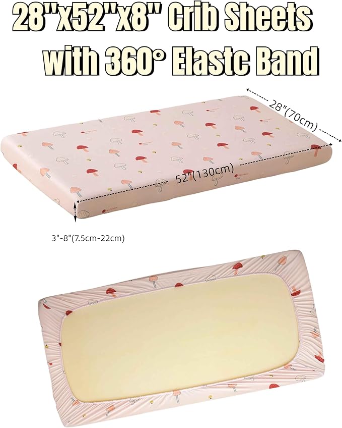 SDY Jersey Mushroom Crib Sheets for Baby Girls,52”x28”x8,2 Pack,Pink Cute Kawaii Standard Oval/Retangle Crib Mattress Sheets for Toddler,Super Soft Breathable