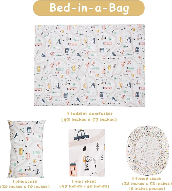 JSD Car Toddler Bedding Set, 4 Piece Bed-in-a-Bag Toddler Microfiber Comforter Sheet Set, All Season Machine Washable