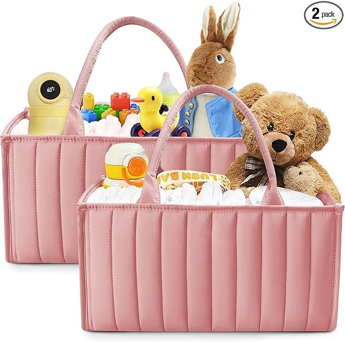 SWEET DOLPHIN 2-Pack Baby Diaper Caddy Organizers, Stylish Storage Baskets for Newborn Essentials, Diaper Station & Car Travel, Value Bundle for Baby Shower Gifts & Registry Must-Haves - Dusky Pink
