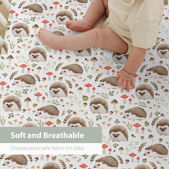 Cute Hedgehogs Baby Crib Sheets for Boy Girl 52x28Inch Hedgehog Mushroom Leaves Soft Snug Fitted Crib Mattress Cover Animal Baby Sheet for Standard Crib and Toddler Bed Mattress